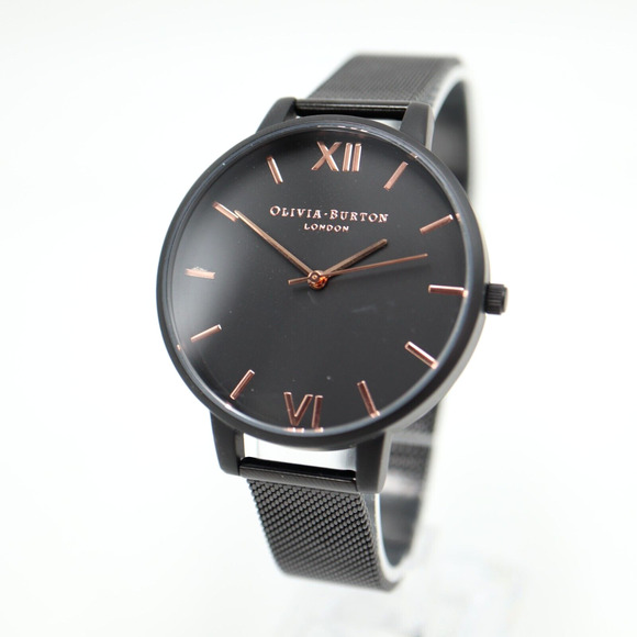 Olivia Burton Black Rose Gold Tone Watch 38mm Dial Steel Mesh Strap New Battery - Picture 1 of 16